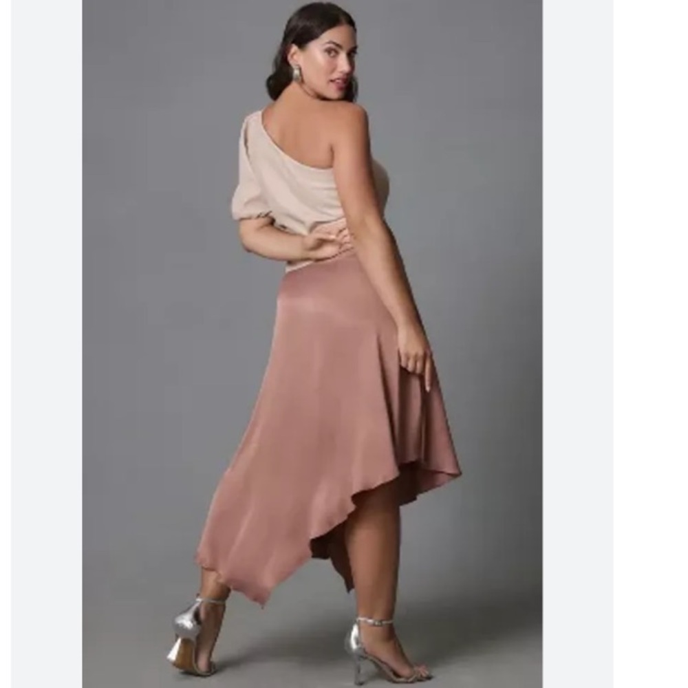 BY ANTHROPOLOGIE FAUX LEATHER ONE-SHOULDER ASYMMETRICAL MIDI DRESS